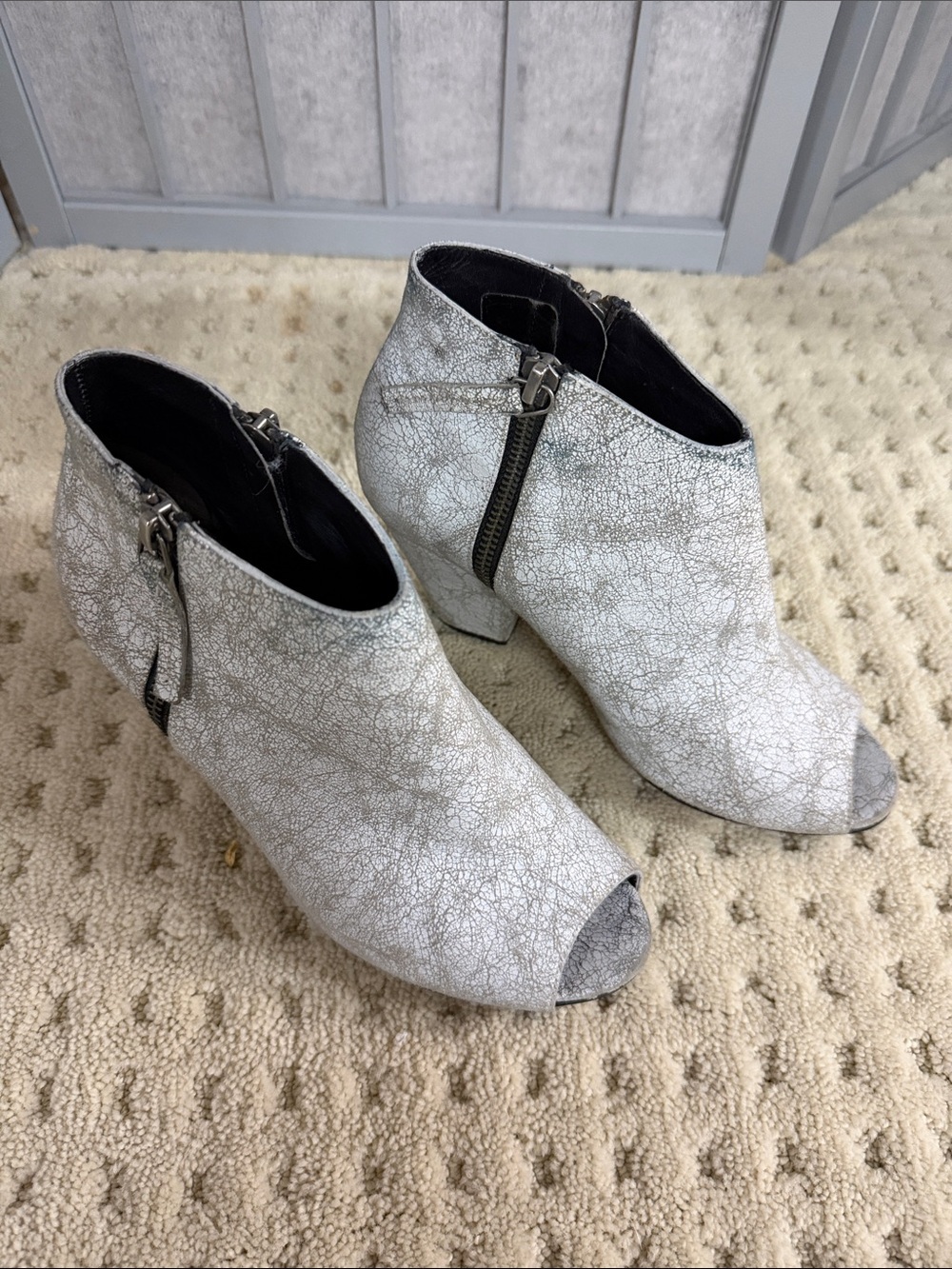 Bocage Silver Peep-Toe Ankle Booties with Side Zipper, Size 37
